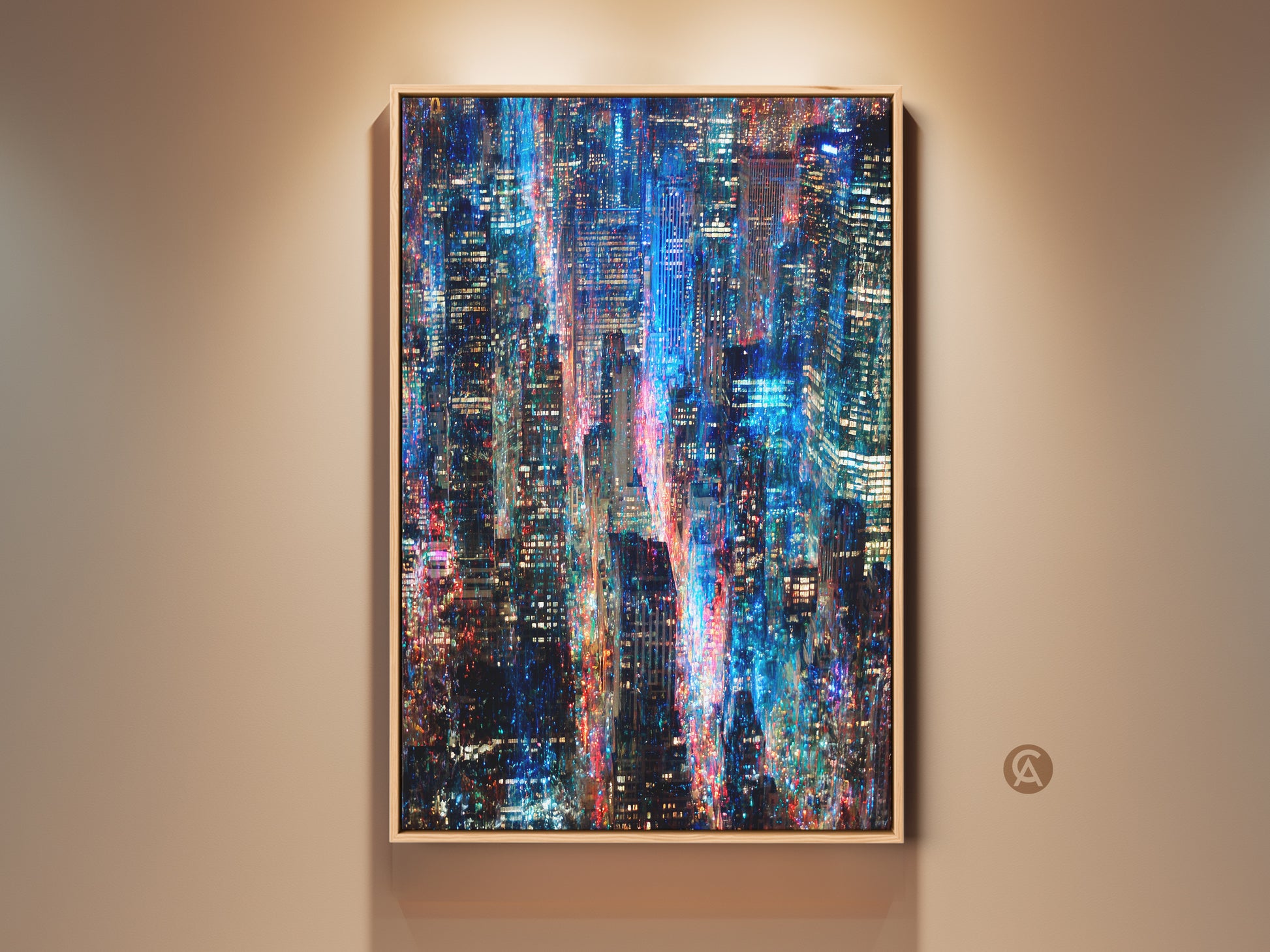 Experience the vibrant energy of the city with this captivating wall art. This artwork features a stunning cityscape at night. Blue and red lights create a mesmerizing visual effect. Perfect for adding a touch of urban sophistication to any space. It is available as framed and canvas prints.