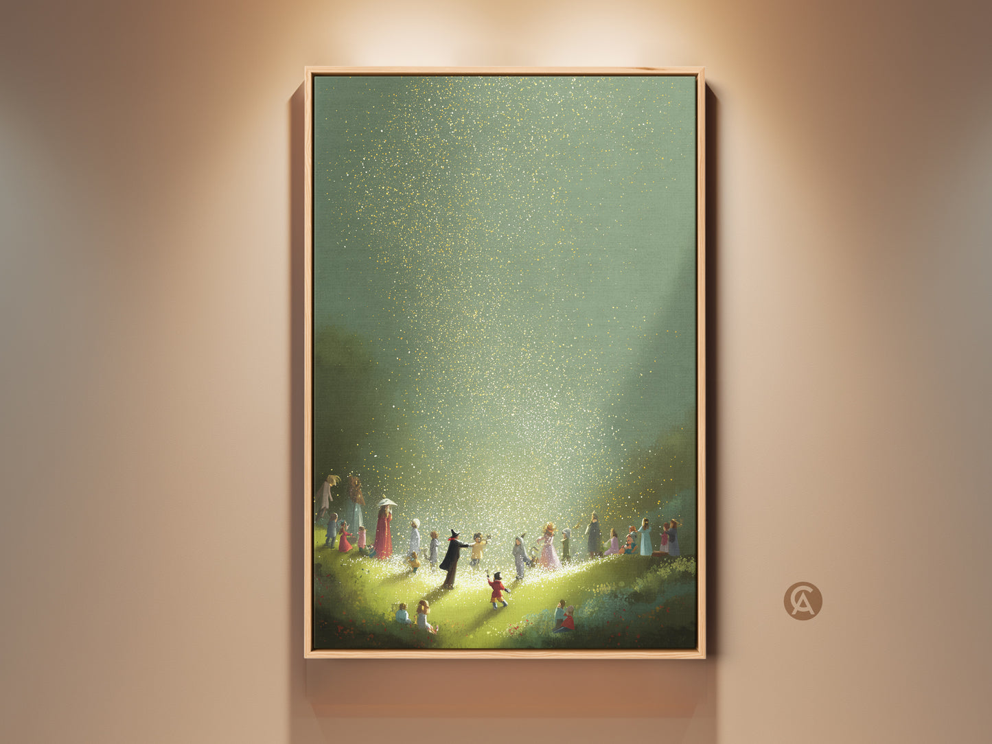 Framed fantasy art print featuring children in a magical scene with gold and green light. This whimsical artwork adds an eclectic touch to any home or nursery decor. The illustrative style and serene palette make it perfect for creating a sense of childhood wonder. It's a unique piece of residential wall art.