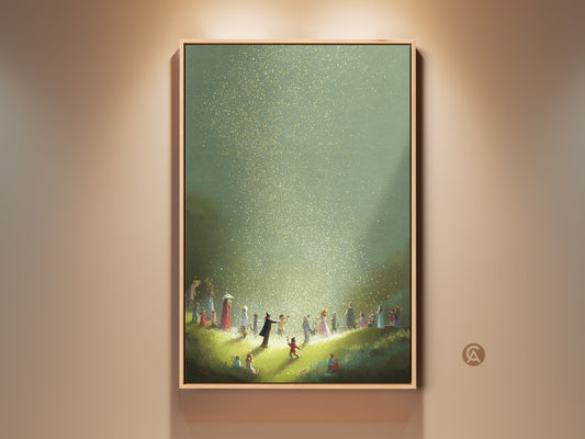 Framed fantasy art print featuring children in a magical scene with gold and green light. This whimsical artwork adds an eclectic touch to any home or nursery decor. The illustrative style and serene palette make it perfect for creating a sense of childhood wonder. It's a unique piece of residential wall art.
