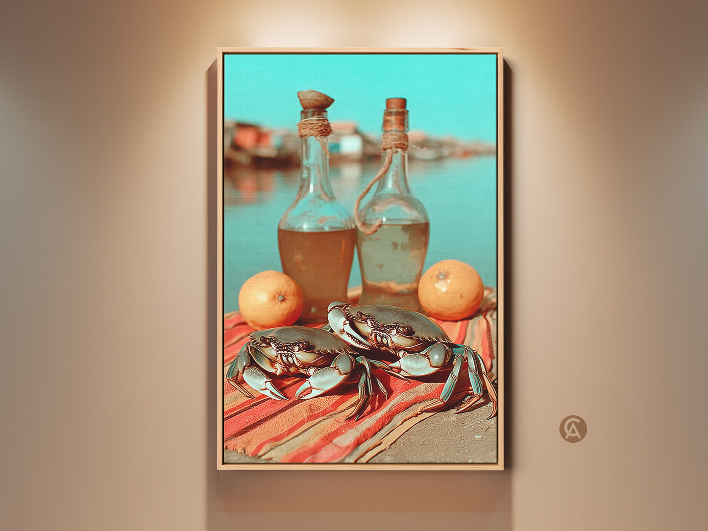 Coastal crab and lemon art print is framed. This boho kitchen wall decor brings foodie charm. The orange red and turquoise colors enhance this still life artwork. Ideal as a unique housewarming gift. The nautical kitchen artwork adds vibrant coastal home decor.