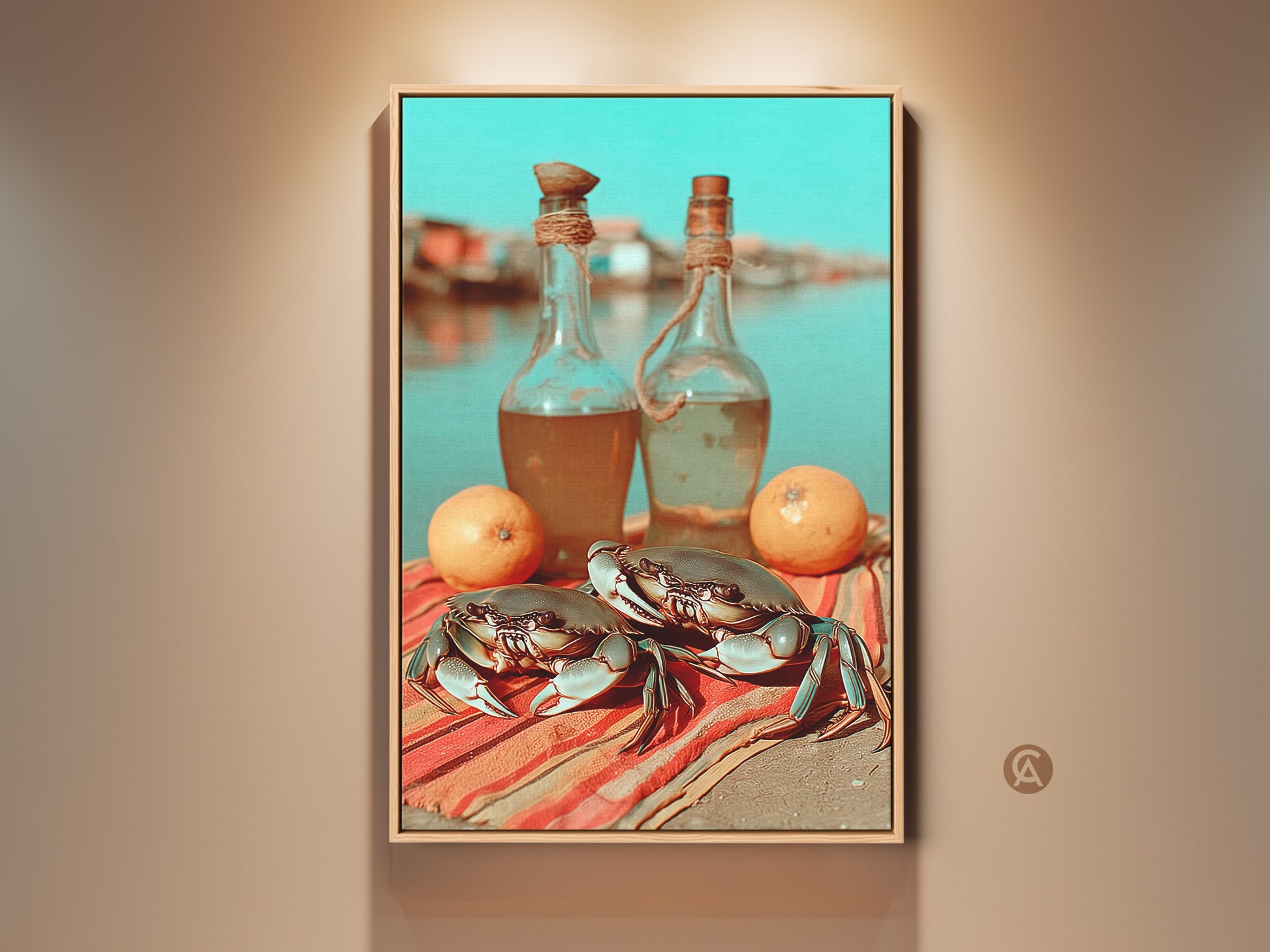 Coastal crab and lemon art print is framed. This boho kitchen wall decor brings foodie charm. The orange red and turquoise colors enhance this still life artwork. Ideal as a unique housewarming gift. The nautical kitchen artwork adds vibrant coastal home decor.
