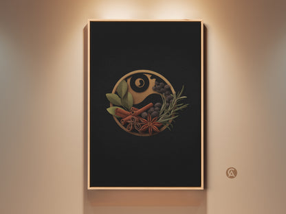 Modern spice Yin Yang wall art displayed in a well-lit room. This culinary herbs canvas print features a black and gold minimalist design. It is a stylish piece of kitchen art perfect as a home baker gift. The artwork enhances contemporary home decor with its elegant presentation.