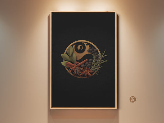 Modern spice Yin Yang wall art displayed in a well-lit room. This culinary herbs canvas print features a black and gold minimalist design. It is a stylish piece of kitchen art perfect as a home baker gift. The artwork enhances contemporary home decor with its elegant presentation.