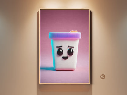 This is a framed canvas art print. It features a cute Kawaii ice cream cone character. The artwork uses a modern abstract style. This piece is perfect for kids' wall art or a unique birthday gift.