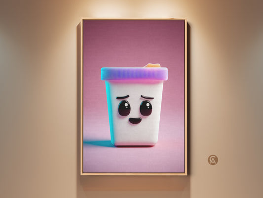 This is a framed canvas art print. It features a cute Kawaii ice cream cone character. The artwork uses a modern abstract style. This piece is perfect for kids' wall art or a unique birthday gift.