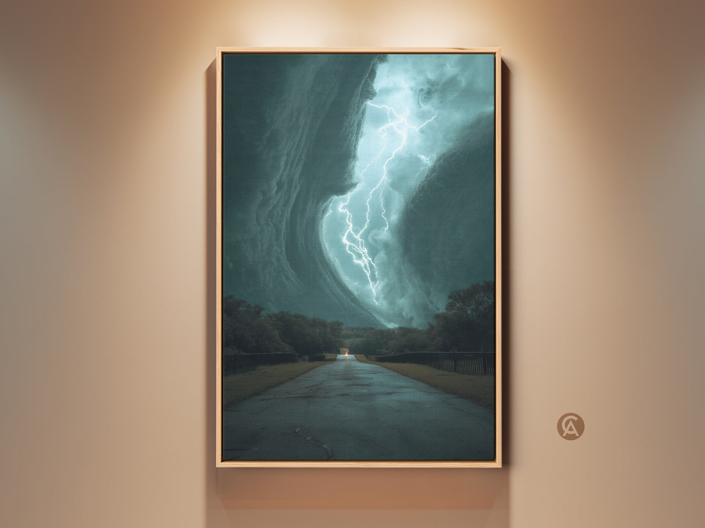 Experience the power of nature with this teal lightning storm canvas art. A dramatic lightning strike illuminates a road under a stormy sky. Perfect for office decor or a unique housewarming gift. This nature weather artwork print brings cinematic landscape art to your walls. It's a contemporary blue art piece that captures a powerful outdoor storm scene.