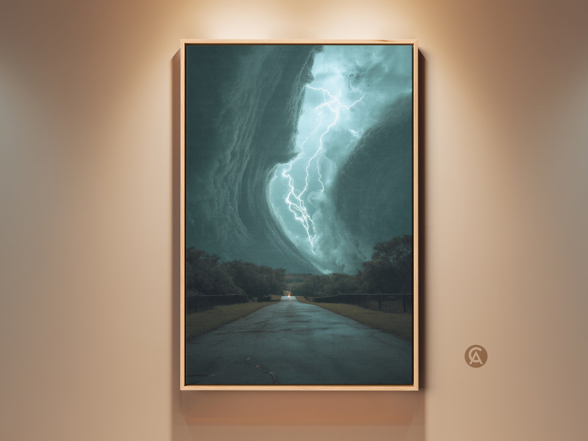 Experience the power of nature with this teal lightning storm canvas art. A dramatic lightning strike illuminates a road under a stormy sky. Perfect for office decor or a unique housewarming gift. This nature weather artwork print brings cinematic landscape art to your walls. It's a contemporary blue art piece that captures a powerful outdoor storm scene.