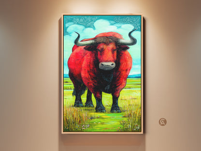 A bold red bull canvas print displayed in a modern setting. The animal artwork adds a splash of color with its vibrant landscape backdrop. Perfect wall art for eclectic homes and a unique gift for ranchers seeking statement pieces.