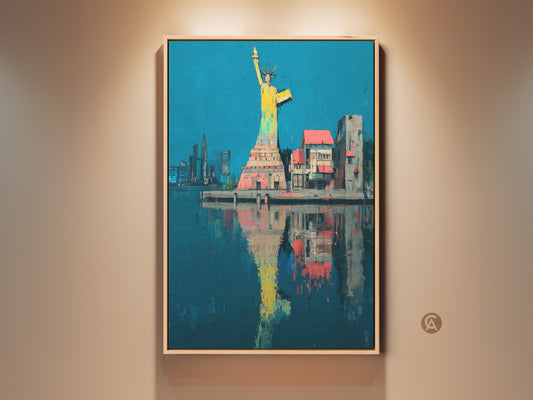 Modern Statue of Liberty art. The NYC skyline is featured in yellow blue and teal. The artwork is framed and hung on a wall. This Contemporary urban artwork adds a dynamic touch to any room. Perfect for modern home decor or office wall art.