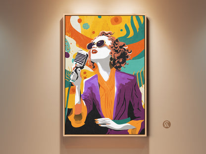 Retro Pop Art singer canvas print in a floating frame. This artwork features an eclectic mix of orange yellow and teal. It is a unique music lover gift idea. This colorful abstract print brings personality and artistic flair to any room. Perfect studio office or home decor.