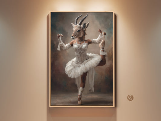 Framed canvas print shows a surreal ballerina gazelle. She is wearing a white tutu and ballet shoes. The artwork is displayed in an Eclectic home style with a cream wall. Add Balletcore charm to your bedroom wall with this surreal print. It is a perfect gift for dancers and art lovers.