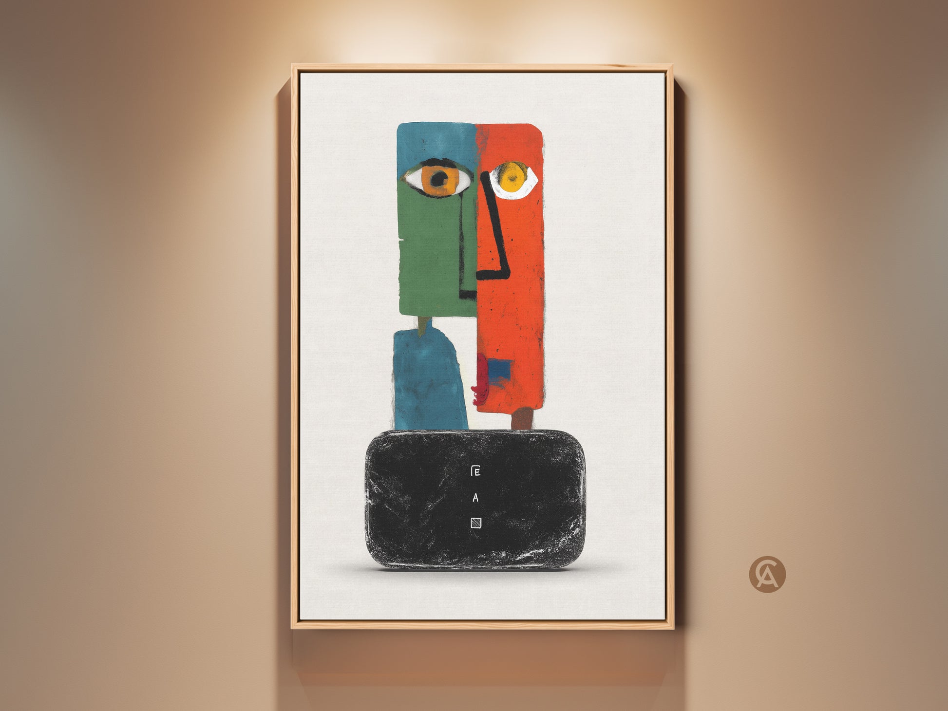 Framed modern abstract face art print. This surreal wall decor features an eclectic orange green and teal color palette. A figurative geometric canvas art piece adds intrigue to any room. Perfect wall hanging decor for a living room or unique home office. It's a great gift for any art collector.