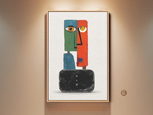 Framed modern abstract face art print. This surreal wall decor features an eclectic orange green and teal color palette. A figurative geometric canvas art piece adds intrigue to any room. Perfect wall hanging decor for a living room or unique home office. It's a great gift for any art collector.