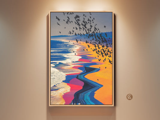 A stunning surreal beach wall art print shows a flock of birds flying over abstract ocean waves. This nature landscape artwork features vibrant orange yellow blue colors. It is an eclectic piece perfect as a housewarming gift or unique bedroom decor.
