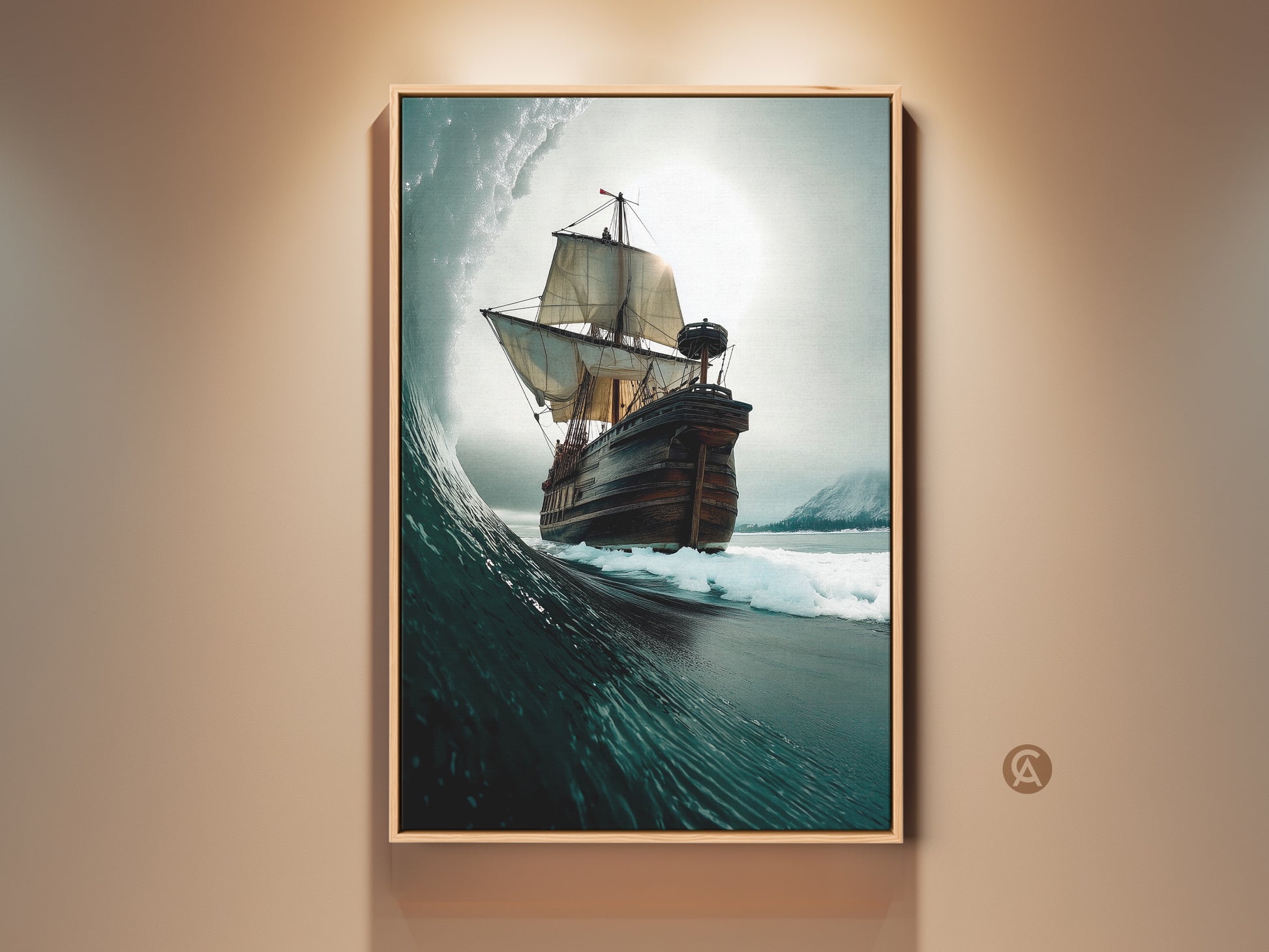 Framed nautical Coastal Decor featuring an Ocean Wave and Tall Ship. This maritime wall art print displays adventure artwork. The deep blue grey teal art brings the spirit of the sea into any room. Perfect for sailor housewarming gift