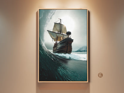 Framed nautical Coastal Decor featuring an Ocean Wave and Tall Ship. This maritime wall art print displays adventure artwork. The deep blue grey teal art brings the spirit of the sea into any room. Perfect for sailor housewarming gift
