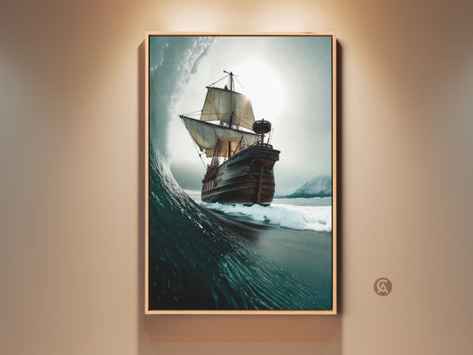 Framed nautical Coastal Decor featuring an Ocean Wave and Tall Ship. This maritime wall art print displays adventure artwork. The deep blue grey teal art brings the spirit of the sea into any room. Perfect for sailor housewarming gift
