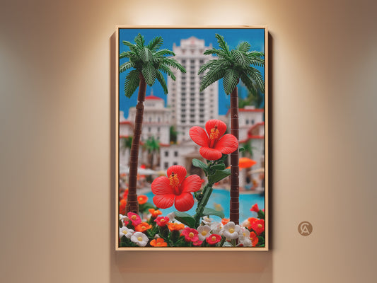 Red Hibiscus and Palm Tree tropical artwork. This coastal canvas art features a sunny beach scene. A luxurious building rises behind vibrant red flowers. Perfect sunroom wall decor for beach and flower lovers. This piece brings a vacation paradise to your home. It is a stunning housewarming gift.