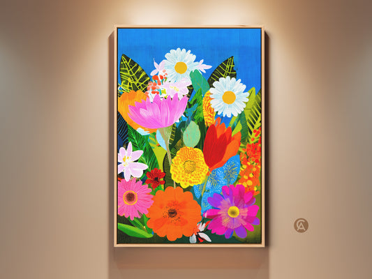 Boho botanical canvas art print in a wood frame. This vibrant artwork features daisy and lotus flowers against a bright blue background. Perfect colorful folk style wall decor for a housewarming gift.