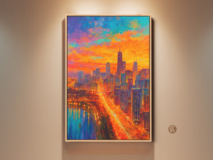 Experience the vibrant Chicago Skyline art piece. It is framed in a natural wood finish. The artwork captures the city's energy at sunset. The colorful sky reflects on the water. This wall art is a stunning focal point for any room