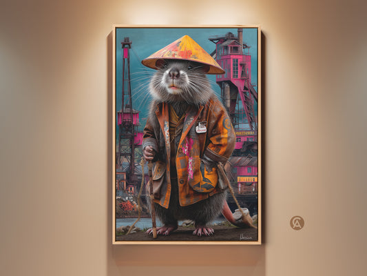 Framed surreal rat king art print. The eclectic industrial wall decor features a fantasy animal in an orange teal color palette. This unique gift is a quirky wall hanging for eclectic decor.