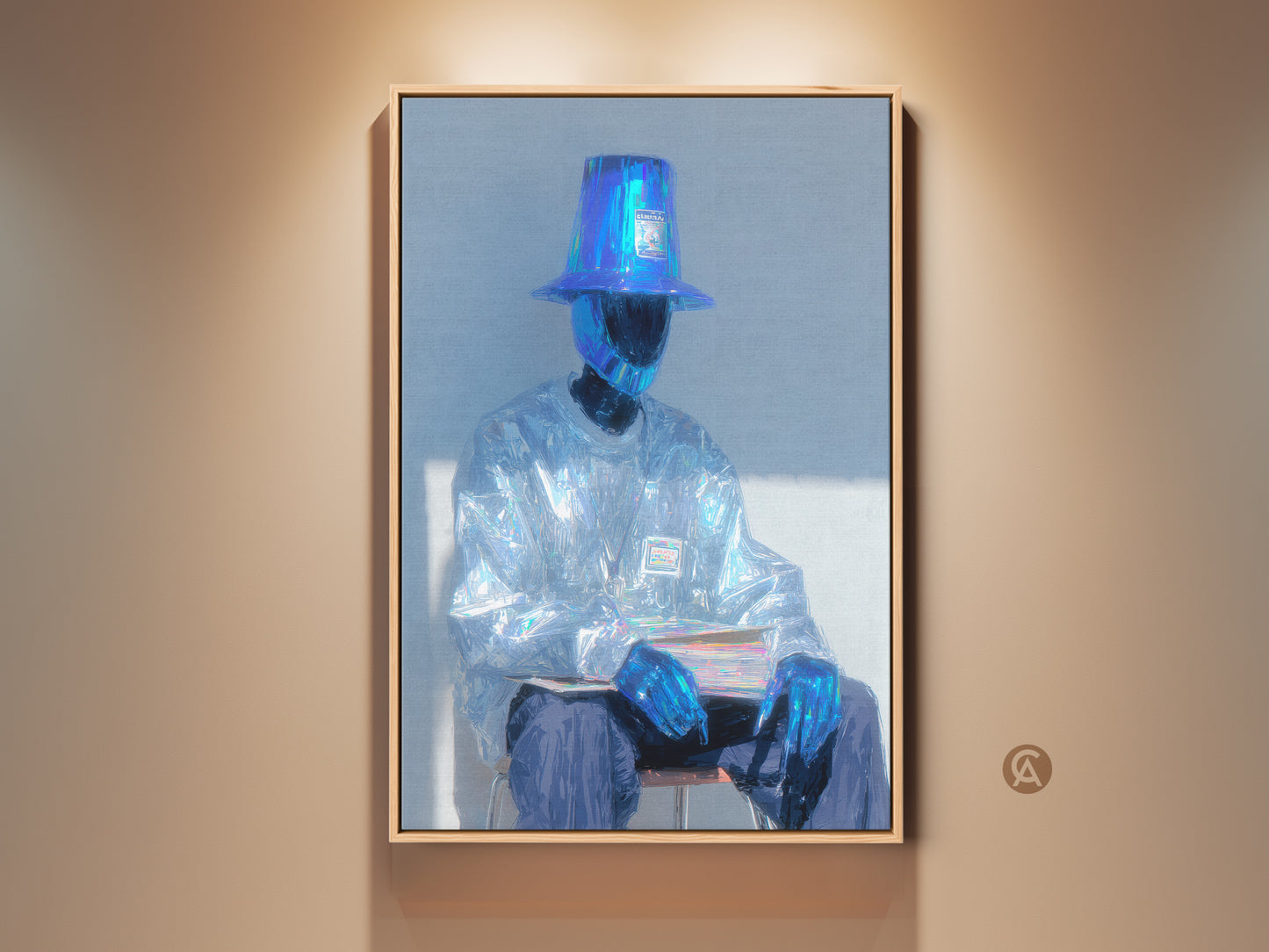 Seated figure artwork with a bucket hat. The individual is adorned in shimmering fabric. They are holding books in their lap. This art piece offers a unique aesthetic. It is a striking addition to any modern art collection.