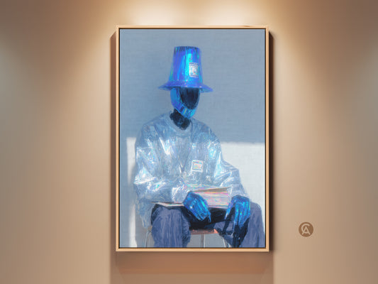 Seated figure artwork with a bucket hat. The individual is adorned in shimmering fabric. They are holding books in their lap. This art piece offers a unique aesthetic. It is a striking addition to any modern art collection.