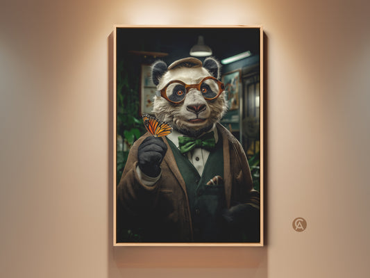Vintage-style Panda Portrait Canvas Print. This Eclectic Home Decor shows an anthropomorphic panda with a butterfly. The Panda is in a brown suit with a green bow tie. This animal art is a unique gift for her.
