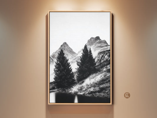 Monochrome landscape wall art featuring a minimalist mountain and pine tree scene. This framed canvas print showcases a black and white nature artwork perfect for cozy home decor. The oak frame enhances the natural scenery art adding a touch of rustic charm.