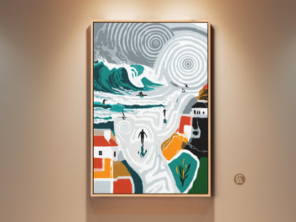 Teal and orange abstract canvas art in a natural wood frame. It features surfers riding teal waves near geometric coastal houses. This surfing wall art is ideal beach house decor and a unique gift for surfers.