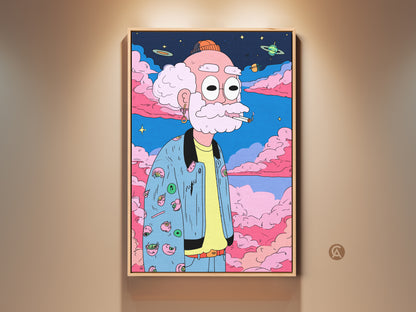 Framed portrait art print of an old man with a beard smoking. The art features a cartoon style with planets and pink clouds. This framed artwork is ready to hang and adds character to any room.
