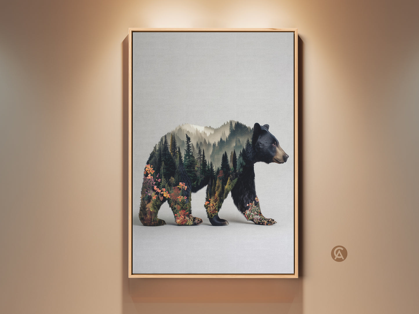 Framed bear double exposure wall art. This nature landscape canvas print features a bear merged with a forest. The rustic modern decor is a gift for outdoor lovers. Earthy greens and browns enhance any room. Perfect for cabin decor.