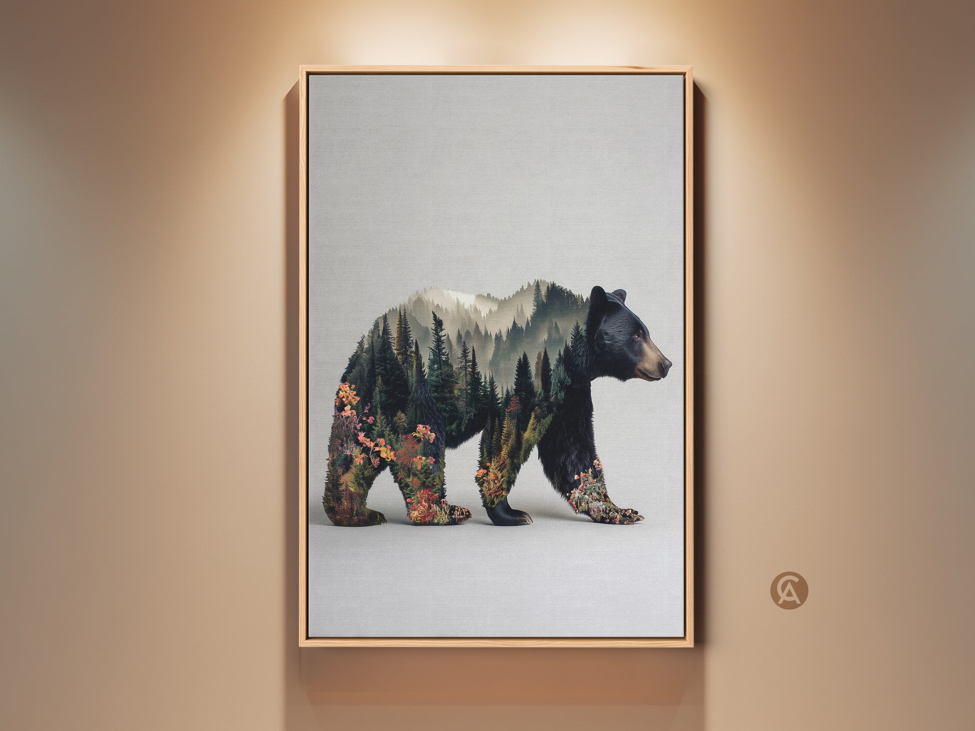 Framed bear double exposure wall art. This nature landscape canvas print features a bear merged with a forest. The rustic modern decor is a gift for outdoor lovers. Earthy greens and browns enhance any room. Perfect for cabin decor.