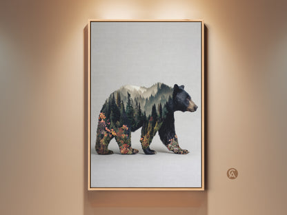 Framed bear double exposure wall art. This nature landscape canvas print features a bear merged with a forest. The rustic modern decor is a gift for outdoor lovers. Earthy greens and browns enhance any room. Perfect for cabin decor.
