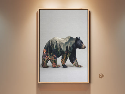 Framed bear double exposure wall art. This nature landscape canvas print features a bear merged with a forest. The rustic modern decor is a gift for outdoor lovers. Earthy greens and browns enhance any room. Perfect for cabin decor.