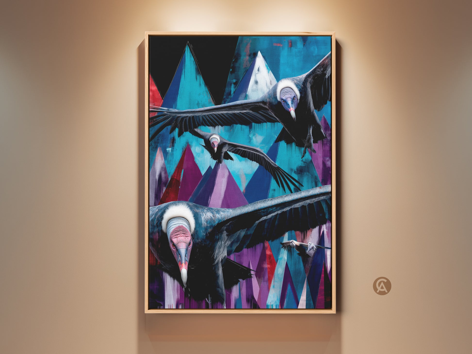 Gallery view of a geometric mountain vulture canvas art. The teal blue and purple abstract bird print adds an eclectic touch. Ideal for study office wall decor. A striking piece of animal abstract painting.