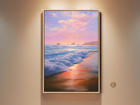 Coastal sunset wall art brings a calm beach view to any room. The canvas showcases impressionist ocean waves in pink orange hues. Perfect seaside sunset artwork for a serene living space a thoughtful gift for beach lovers.