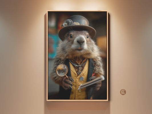 Bring home this Steampunk Groundhog art print. The eclectic animal art features a dapper groundhog with a magnifying glass. It has a vintage flair for your study room or office. Perfect eclectic animal lover gift.