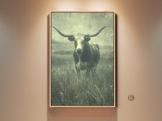 This is a framed fine art print. The artwork features a longhorn in a field. The vintage-style artwork adds rustic charm. Enhance your space with cowboy art. It is perfect for western-themed decor.