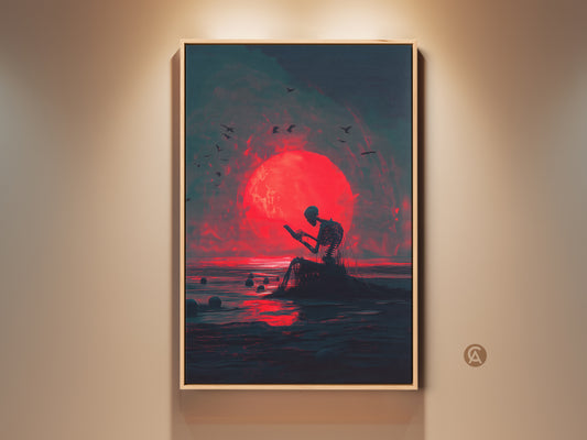 Framed artwork featuring a skeleton figure reading in front of a red moon. The art style is dark and moody. Birds are flying around the moon. This art is framed in a wooden material.