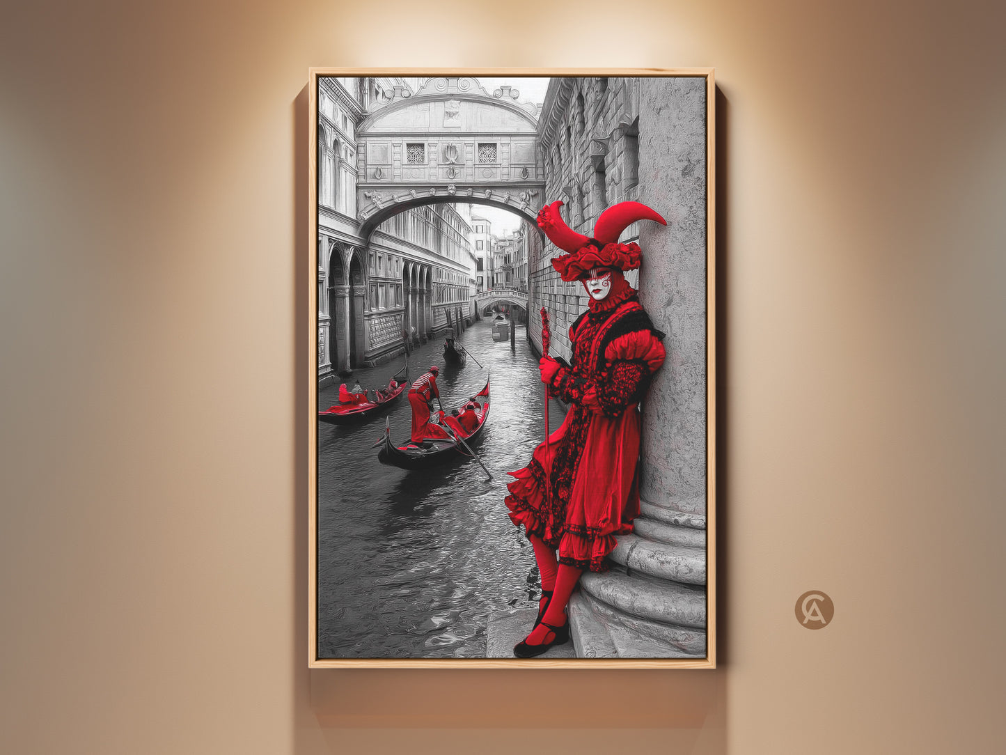 Discover a captivating Venice Carnival art print. It shows a crimson red masked figure & gondola. This wall art features an eclectic black & white background. Add a touch of Venetian culture to your home decor. Perfect as a travel souvenir or Carnival Season gift. The artwork enhances residential entry halls with unique style.