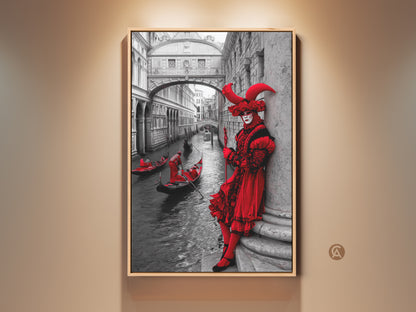 Discover a captivating Venice Carnival art print. It shows a crimson red masked figure & gondola. This wall art features an eclectic black & white background. Add a touch of Venetian culture to your home decor. Perfect as a travel souvenir or Carnival Season gift. The artwork enhances residential entry halls with unique style.