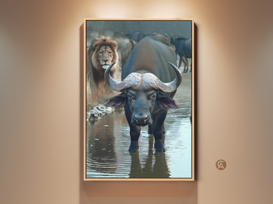 This safari wildlife art print features a buffalo in water. A lion is observing in the background. This canvas wall art has an eclectic style. The dark blue and brown tones make it a great entry hall art piece. It's a great gift for animal lovers.