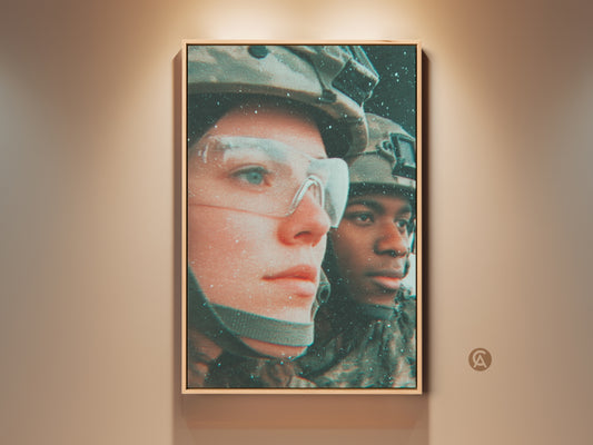 Explore fine art. This artwork features two soldiers in uniform. The art is displayed in a wooden frame. The print enhances any space. It offers a powerful image for collectors. Ready to hang and admire in your home or office.