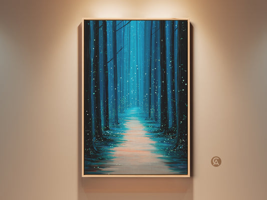 A captivating forest art print evokes a serene path amid tall trees. The wall art features a soothing blend of black and teal. Light dances on the path bringing tranquility to any room. This wall decor makes an ideal eclectic home gift adding a touch of peace.