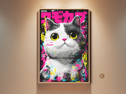 A captivating canvas artwork featuring a cute cat with striking yellow eyes. The cat is set against a vibrant pink backdrop adorned with Japanese text and cyberpunk elements. It's a unique blend of feline charm and modern art.