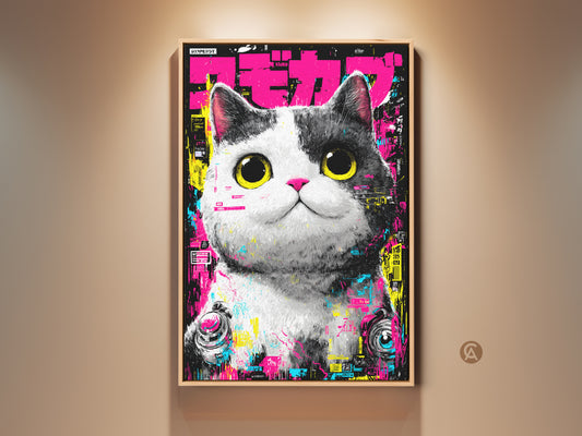 A captivating canvas artwork featuring a cute cat with striking yellow eyes. The cat is set against a vibrant pink backdrop adorned with Japanese text and cyberpunk elements. It's a unique blend of feline charm and modern art.
