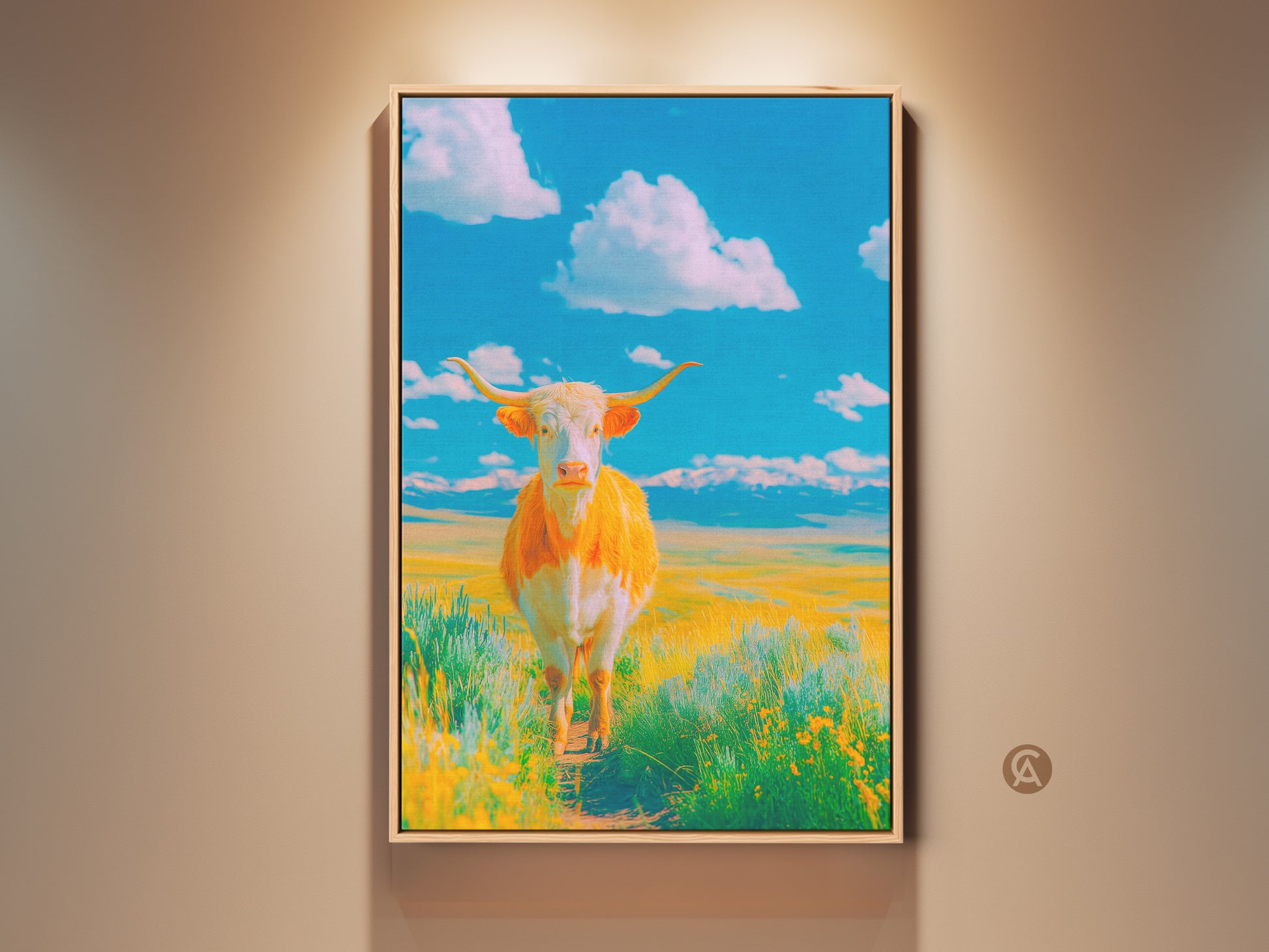 Framed artwork of a Longhorn cow in a field. The animal stands proudly against a vibrant blue sky. Fluffy white clouds complete the picturesque scene. This framed canvas adds charm to any room. It's ready to hang and enjoy.