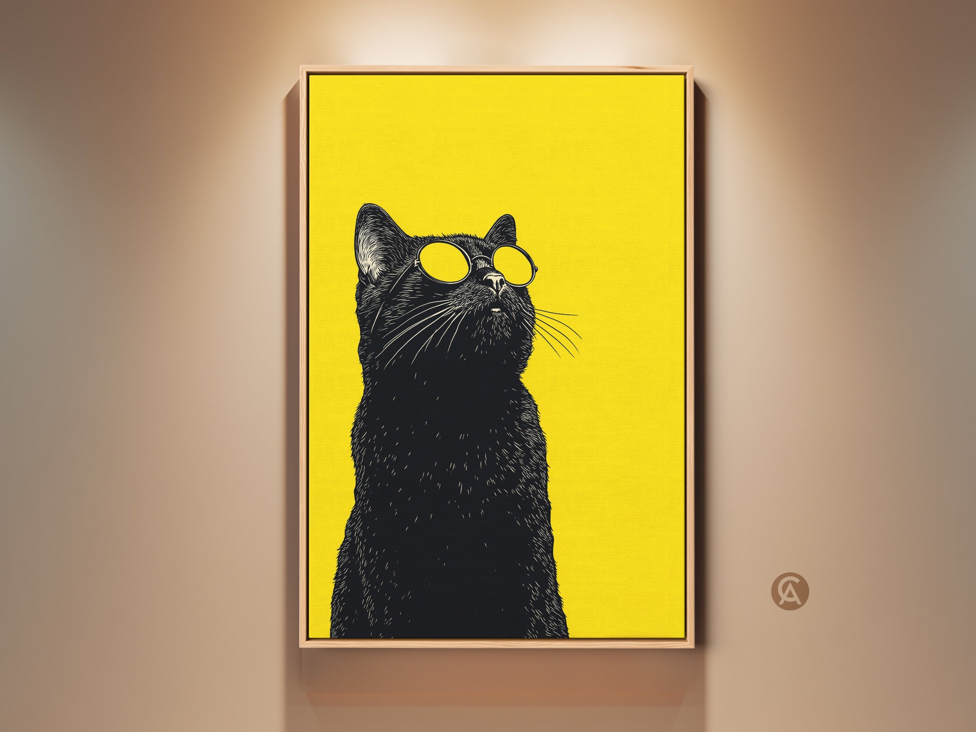 Framed yellow and black cat art print. This cool cat wears sunglasses. It is a pop art animal poster perfect as eclectic pet artwork. A great gift for cat moms and animal lovers.