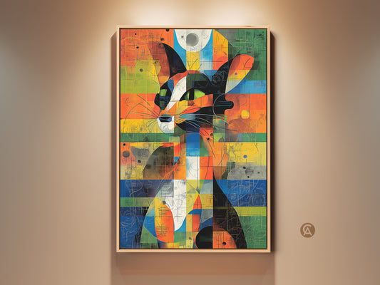 Mid-Century Modern abstract cat art print in a frame. The artwork features a geometric cubist style. The wall decor has colors of orange yellow and blue. This animal canvas makes a unique gift.